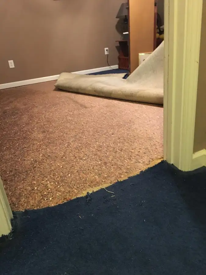 Carpet pad removal revealing water damage during Drying & Dehumidification in Upper Allen